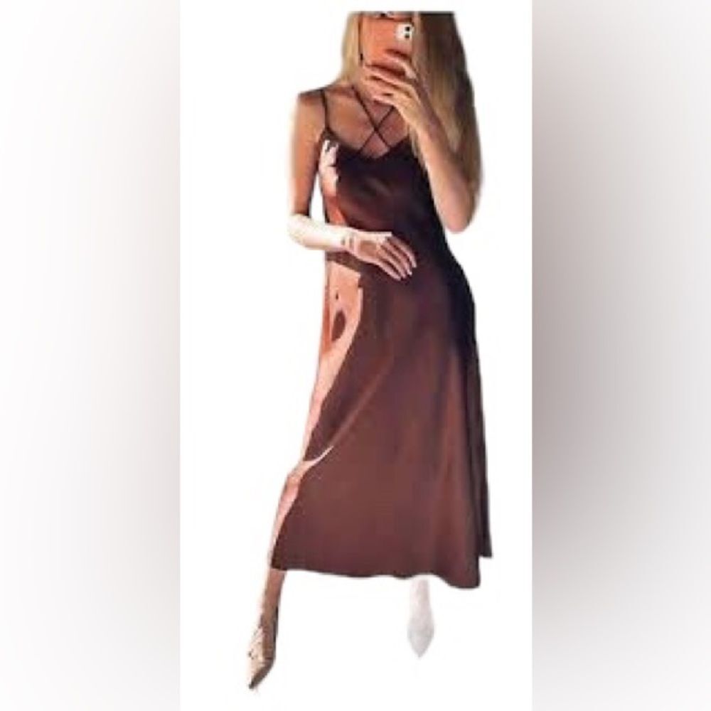 Zara Satin Strappy Midi Slip Dress Brown Sz. XL Criss Cross Back Summer Elegance - Picture 1 of 5